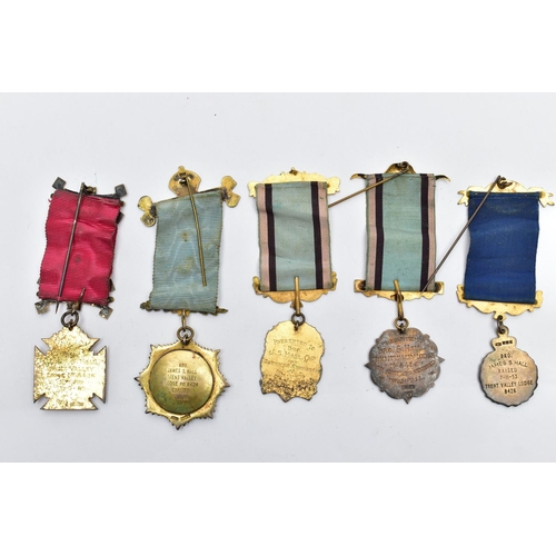 28 - FIVE ASSORTED SILVER MASONIC MEDALS, to include three silver medals, hallmarked 'F C Parry & Co' Bir... 