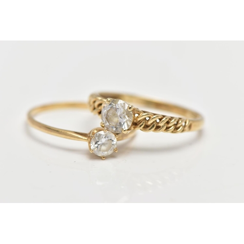 3 - TWO 14CT GOLD RINGS, the first a yellow gold tapered chain link style ring set with a single circula... 