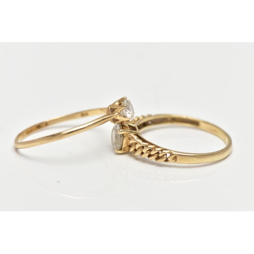 3 - TWO 14CT GOLD RINGS, the first a yellow gold tapered chain link style ring set with a single circula... 