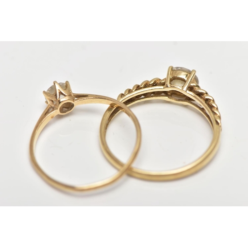 3 - TWO 14CT GOLD RINGS, the first a yellow gold tapered chain link style ring set with a single circula... 