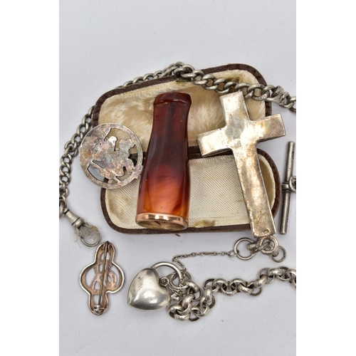 32 - AN ASSORTMENT OF SILVER, YELLOW AND WHITE METAL ITEMS, to include a silver Albert chain, graduated c... 