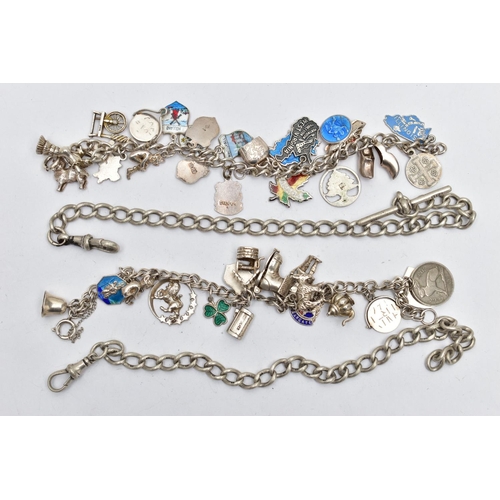 33 - TWO SILVER ALBERT CHAINS AND TWO CHARM BRACELETS, the first a silver curb link chain, fitted with a ... 