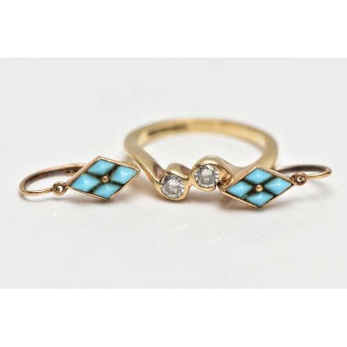 35 - A 9CT GOLD DIAMOND RING AND TURQUOISE EARRINGS,  a two stone diamond cross over ring, approximate di... 