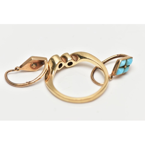 35 - A 9CT GOLD DIAMOND RING AND TURQUOISE EARRINGS,  a two stone diamond cross over ring, approximate di... 