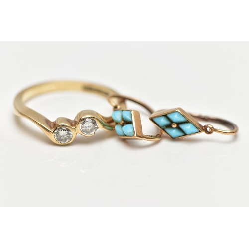 35 - A 9CT GOLD DIAMOND RING AND TURQUOISE EARRINGS,  a two stone diamond cross over ring, approximate di... 