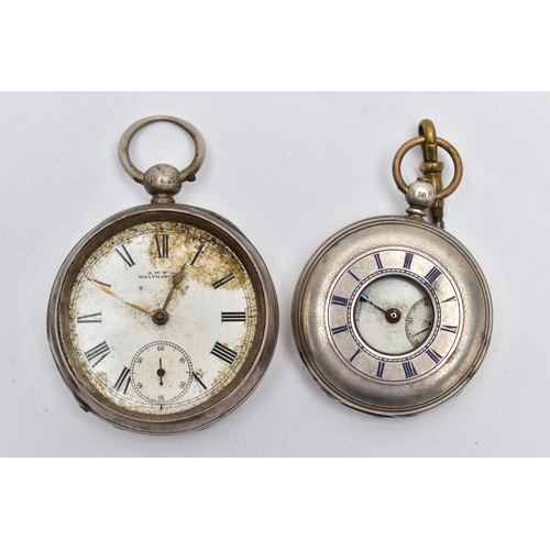 37 - TWO SILVER POCKET WATCHES, the first an open face pocket watch, key wound movement, dial signed 'A.W... 