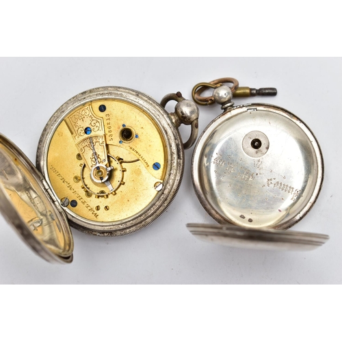 37 - TWO SILVER POCKET WATCHES, the first an open face pocket watch, key wound movement, dial signed 'A.W... 