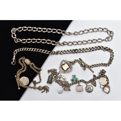 38 - ASSORTED SILVER AND WHITE METAL JEWELLERY, a silver graduated curb link albert chain, fitted with a ... 