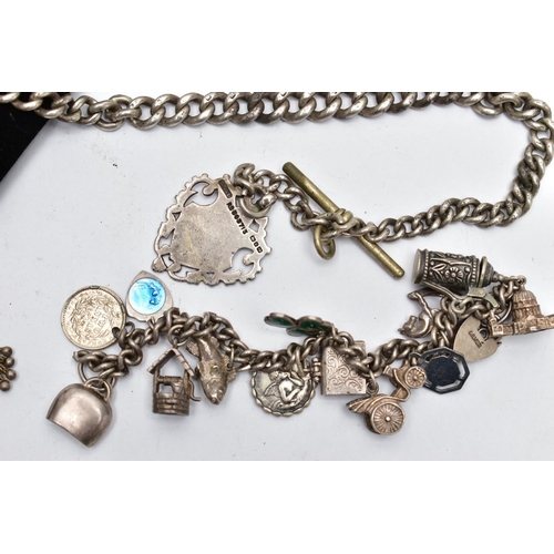 38 - ASSORTED SILVER AND WHITE METAL JEWELLERY, a silver graduated curb link albert chain, fitted with a ... 