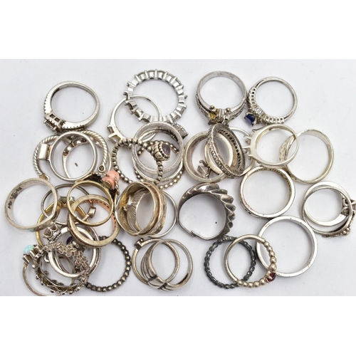 42 - A QUANTITY OF WHITE METAL RINGS, to include a Tiffany & Co ring, an assortment of 'Pandora' rings, a... 