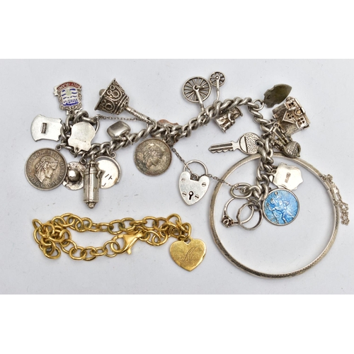 44 - A SILVER CHARM BRACELET AND OTHER JEWELLERY, a silver curb link bracelet, fitted with a heart padloc... 