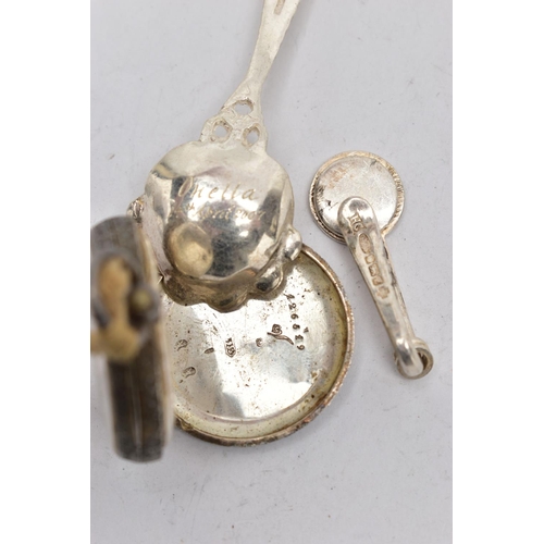 46 - A SILVER NAPKIN CLIP, POCKET WATCH AND SPOON, the first a silver napkin clip, hallmarked 'Hugh Craws... 