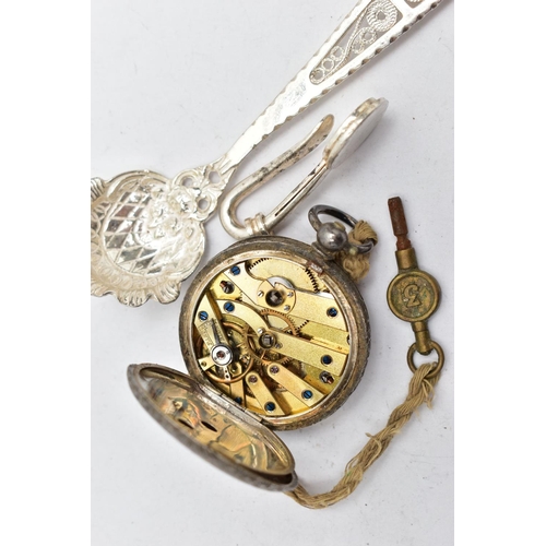 46 - A SILVER NAPKIN CLIP, POCKET WATCH AND SPOON, the first a silver napkin clip, hallmarked 'Hugh Craws... 