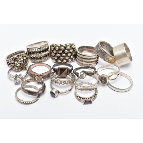 48 - A SELECTION OF WHITE METAL RINGS, to include a Pandora enamel and split pearl floral dress ring, a s... 