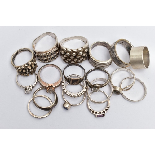 48 - A SELECTION OF WHITE METAL RINGS, to include a Pandora enamel and split pearl floral dress ring, a s... 