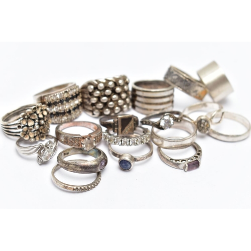 48 - A SELECTION OF WHITE METAL RINGS, to include a Pandora enamel and split pearl floral dress ring, a s... 