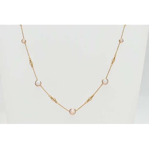 50 - A YELLOW METAL OPAL NECKLACE, a fine rolo link chain with rope twist spacers, fitted with five circu... 