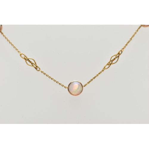 50 - A YELLOW METAL OPAL NECKLACE, a fine rolo link chain with rope twist spacers, fitted with five circu... 