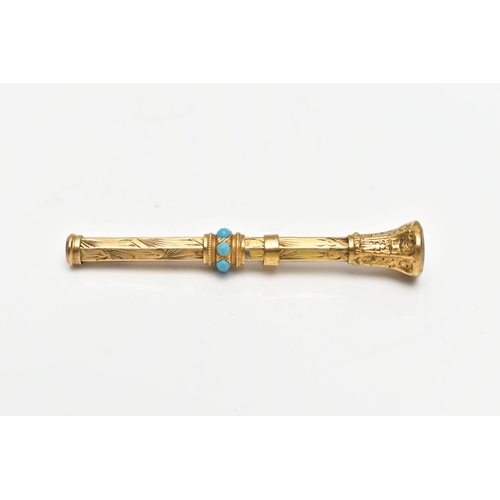 52 - A VICTORIAN YELLOW METAL MINIATURE PROPELLING PENCIL, decorated with a floral engraving and turquois... 