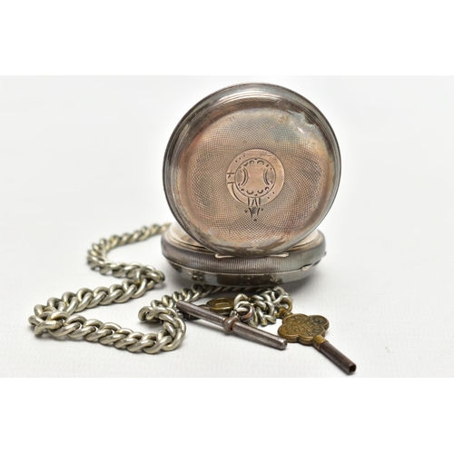 56 - AN EARLY 20TH CENTURY SILVER OPEN FACE POCKET WATCH AND ALBERT CHAIN, the key wound pocket watch wit... 