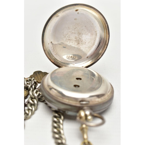 56 - AN EARLY 20TH CENTURY SILVER OPEN FACE POCKET WATCH AND ALBERT CHAIN, the key wound pocket watch wit... 