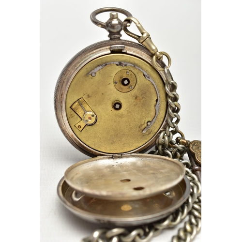 56 - AN EARLY 20TH CENTURY SILVER OPEN FACE POCKET WATCH AND ALBERT CHAIN, the key wound pocket watch wit... 