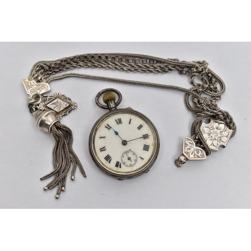 57 - A SMALL OPEN FACE POCKET WATCH AND ALBERTINA, the manual wind pocket watch with round white dial, Ro... 