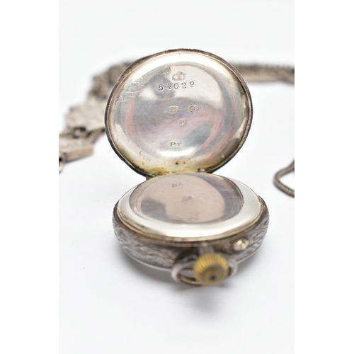 57 - A SMALL OPEN FACE POCKET WATCH AND ALBERTINA, the manual wind pocket watch with round white dial, Ro... 