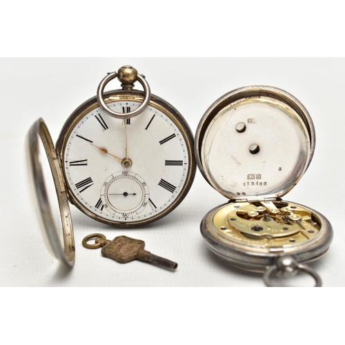 59 - TWO OPEN FACE POCKET WATCHES AND WATCH KEY, the first a silver open face pocket watch, key wound, ro... 