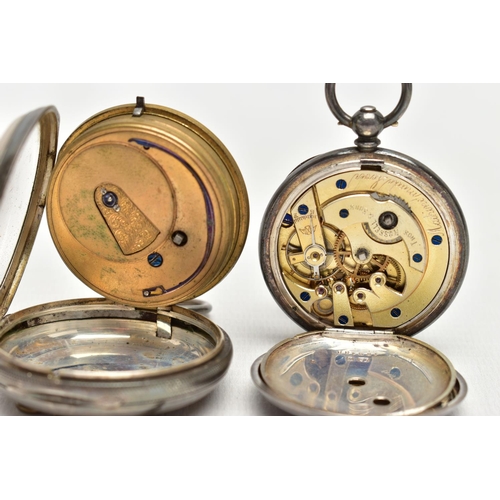 59 - TWO OPEN FACE POCKET WATCHES AND WATCH KEY, the first a silver open face pocket watch, key wound, ro... 