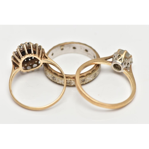 6 - TWO 9CT GOLD RINGS AND A YELLOW AND WHITE METAL RING, the first an oval cut sapphire set with a clus... 