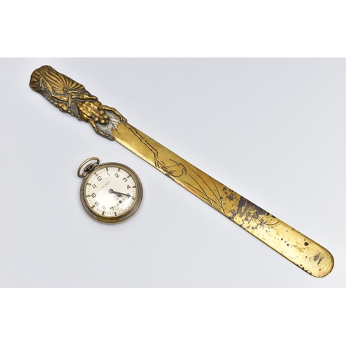 60 - AN OPEN FACE POCKET WATCH AND A LETTER OPENER, the white metal open face pocket watch, manual wind, ... 