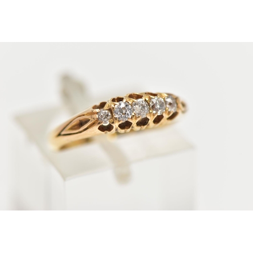 61 - A LATE 19TH CENTURY, 18CT GOLD FIVE STONE DIAMOND RING, set with five graduated old cut diamonds, es... 