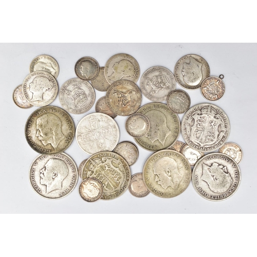 66 - A SMALL QUANTITY OF SILVER COINS, to include seven George V Half Crown coins dates 1915, 18, 20, 22,... 