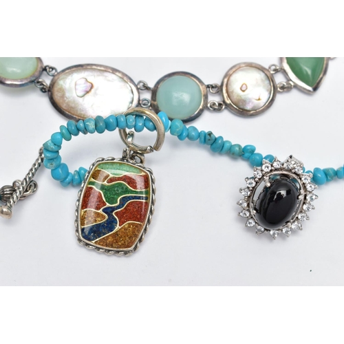 69 - A SELECTION OF JEWELLERY, to include a turquoise bead necklace fitted with a colourful multi stone b... 