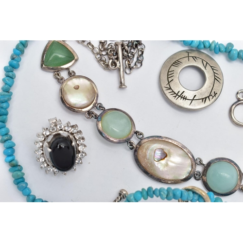 69 - A SELECTION OF JEWELLERY, to include a turquoise bead necklace fitted with a colourful multi stone b... 