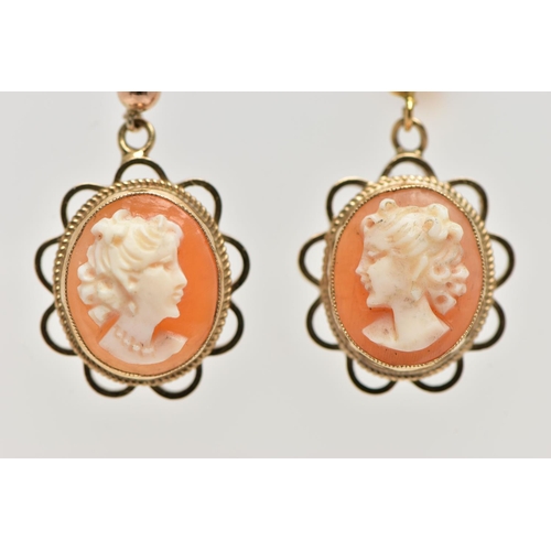 75 - A PAIR OF 9CT GOLD CAMEO DROP EARRINGS, each shell cameo of an oval form depicting a lady in profile... 