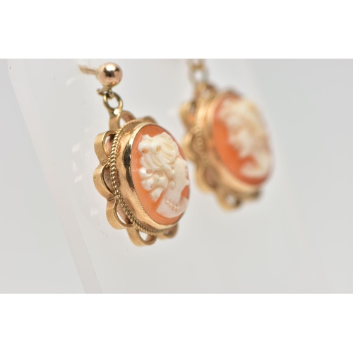 75 - A PAIR OF 9CT GOLD CAMEO DROP EARRINGS, each shell cameo of an oval form depicting a lady in profile... 