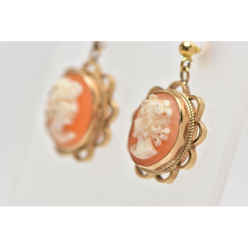 75 - A PAIR OF 9CT GOLD CAMEO DROP EARRINGS, each shell cameo of an oval form depicting a lady in profile... 