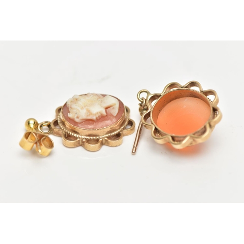 75 - A PAIR OF 9CT GOLD CAMEO DROP EARRINGS, each shell cameo of an oval form depicting a lady in profile... 