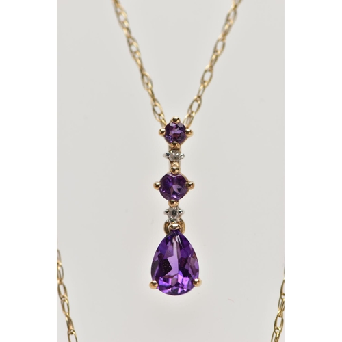 76 - A YELLOW METAL AMETHYST AND DIAMOND PENDANT NECKLACE, the pendant set with a pear cut amethyst and t... 