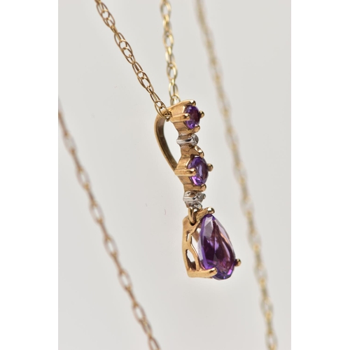 76 - A YELLOW METAL AMETHYST AND DIAMOND PENDANT NECKLACE, the pendant set with a pear cut amethyst and t... 