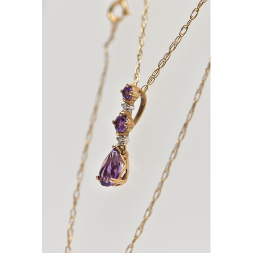 76 - A YELLOW METAL AMETHYST AND DIAMOND PENDANT NECKLACE, the pendant set with a pear cut amethyst and t... 