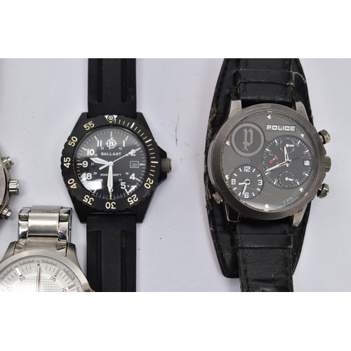 80 - A COLLECTION OF FIVE FASHION WATCHES, to include an 'Armani Exchange' wristwatch, on stainless steel... 