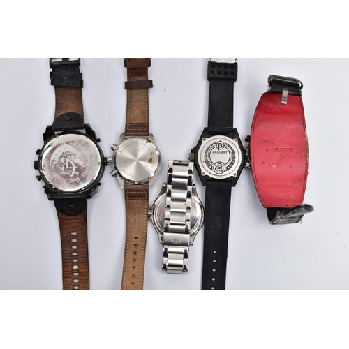 80 - A COLLECTION OF FIVE FASHION WATCHES, to include an 'Armani Exchange' wristwatch, on stainless steel... 