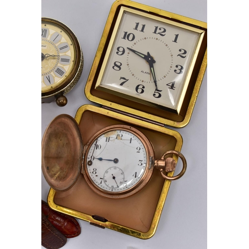 85 - AN ASSORTMENT OF WRISTWATCHES, POCKET WATCH AND ALARM CLOCKS, wristwatches with names to include 'Ac... 