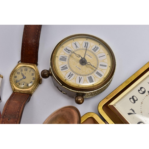 85 - AN ASSORTMENT OF WRISTWATCHES, POCKET WATCH AND ALARM CLOCKS, wristwatches with names to include 'Ac... 