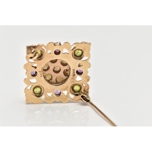 9 - A 9CT GOLD PERIDOT, AMETHYST AND SPLIT PEARL BROOCH, of openwork floral design, the center set with ... 