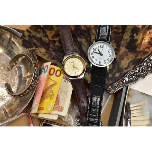 96 - AN ASSORMENT OF WHITE METAL JEWELLERY, COSTUME JEWELLERY, WATCHES, COINS AND BANKNOTES, VANITY SET, ... 