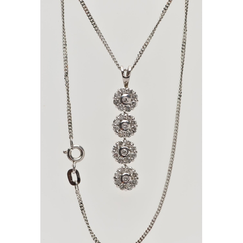 100 - A WHITE METAL DIAMOND PENDANT WITH 18CT WHITE GOLD CHAIN, the pendant designed as a series of four a... 